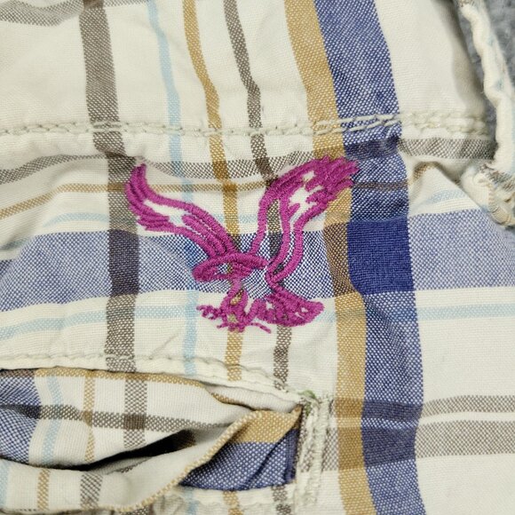 American Eagle Shorts Men's Size 36 Beige Plaid Chino Embroidered Logo Pockets - Picture 12 of 16